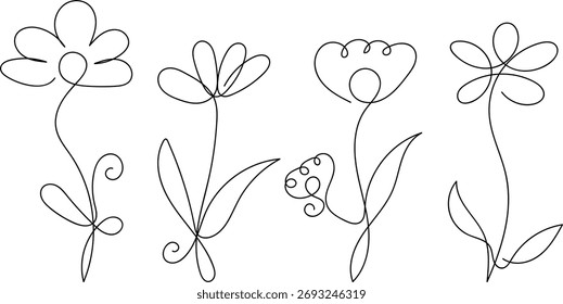 Continuous line flowers with unique petal shapes and elegance.