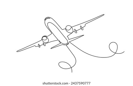 Continuous line of a flying airplane. Line art. Black simple line on a white background. Vector linear illustration