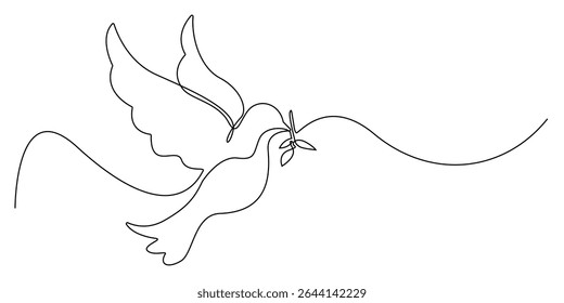 continuous line of flying dove.single line of flying dove and carrying leaf.single line illustration.eps 10
