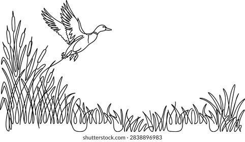 Continuous line flying duck vector illustration for minimalist nature and wildlife design