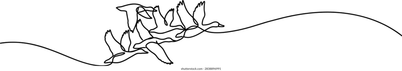 Continuous line flying duck vector illustration for minimalist nature and wildlife design