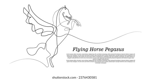 continuous line of flying horse pegasus.single line of flying horse vector in fantasy story.isolated white background