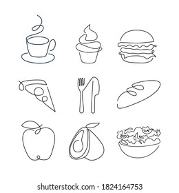 Continuous line food set, coffee cup, muffin, bread, pizza, apple, salad, avocado, spoon and fork, burger. Monoline trendy vector illustration
