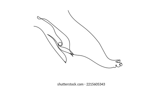 continuous line of foot care. line drawing of the hand touching the heel of the foot, by providing foot care products.