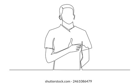 continuous line of football athlete singing the national anthem.pose of football player putting hand on chest and singing national anthem.one line vector illustration