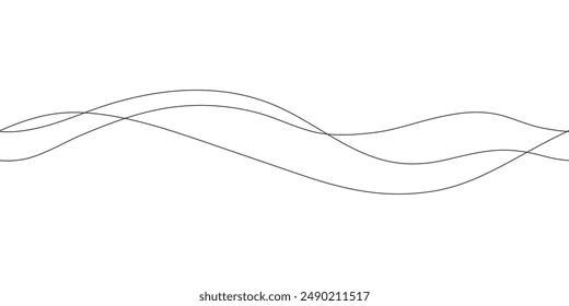 Continuous line in form curve wave, seamless abstract pattern. Wavy striped graphic background. Calm, still water of sea, river, ocean, swimming pool. Line art template. Vector outline illustration