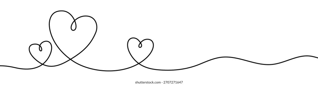 Continuous line forming three hearts of different size in one line art style. Figure sketch with editable black stroke on white background. Vector illustration.
