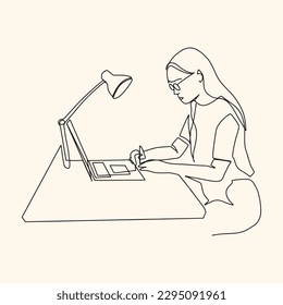 Continuous line. Freelan. Woman sitting and working at home. with computer schoolgirl lifestyle illustration vector hand drawn