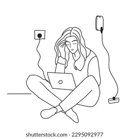 Continuous line. Freelan. Woman sitting and working at home. with computer schoolgirl lifestyle woman listening music podcast illustration vector hand drawn