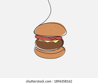 Línea continua, hamburguesa fresca y sabrosa. Dibujo de la comida preparada. (Dibujo de la ilustración del vector con un plano de línea)