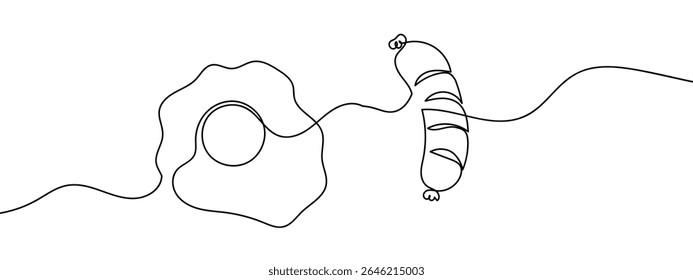 Continuous line, fried egg and sausage Minimal hand drawn line vector cut out background.