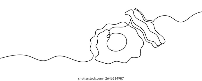 Continuous line, fried eggs and bacon Minimal hand drawn line vector cut out background.