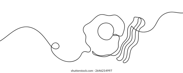 Continuous line, fried eggs and bacon Minimal hand drawn line vector cut out background.
