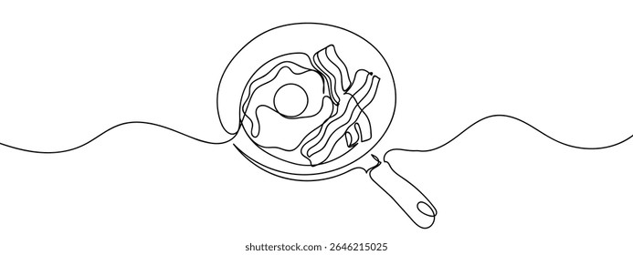 Continuous line, fried eggs and bacon in a pan, cooking Minimal hand drawn line vector cut out background.