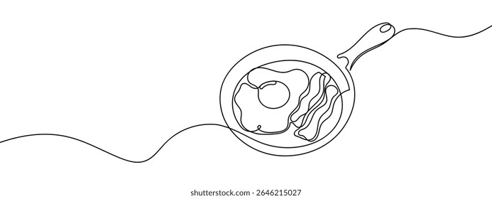 Continuous line, fried eggs and bacon in a pan, cooking Minimal hand drawn line vector cut out background.