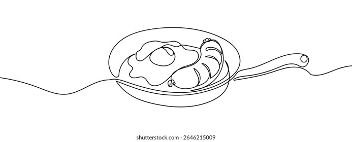 Linha contínua, ovos fritos e linguiça em uma panela, cozinhando Vetor de linha desenhada à mão mínima recortou o fundo.