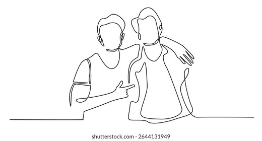 continuous line friendship of 2 adult men.portrait of man embracing friend.single line illustration.eps 10