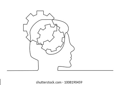 continuous line. gear in the head of a person. Hand drawing black thin line on a white background. Concept of idea, team work.
