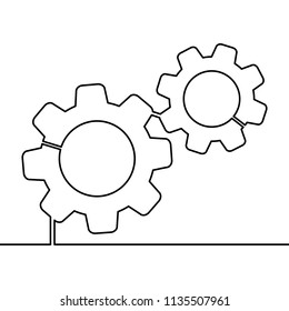 Continuous line Gears on white background. Single line drawing. Continuous line Vector illustration