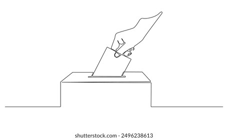 continuous line of general election ballot box. one line drawing of inserting an envelope into the ballot box. presidential election, regional head election. single line vector illustration