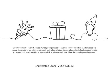 Continuous line gift for birthday celebration. Single line decorative element drawn on white.