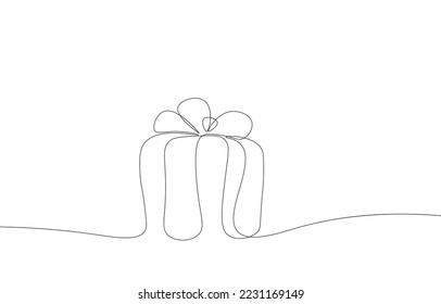 Geschenkbox mit kontinuierlicher Linie. Wallpaper-Konzept zu Weihnachten und Neujahr. Minimalistische Vektorgrafik-Einzellinie im Stil eines Vektorgrafiks. Hand, die Doodles auf weißem Hintergrund schreibt.