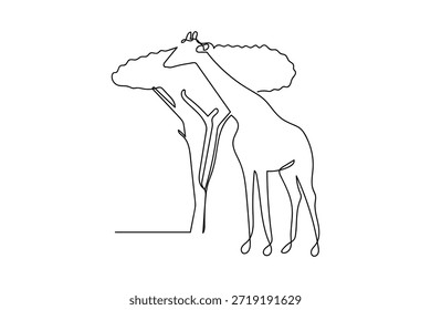 Eine durchgehende Linie einer Giraffe, die Blätter von einem hohen Baum frisst. Einzeiliges Zeichnungsdesign, Vektorgrafik.