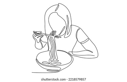 continuous line of girl eating Asian fast food noodle
