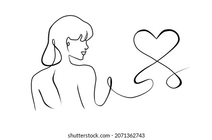 Continuous line. Girl and heart.
