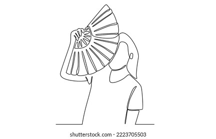 Continuous line of girl holding hand fan