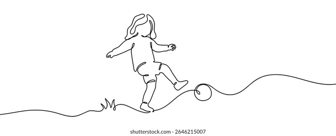 Linha contínua. A garota está chutando uma bola de futebol. Vetor de linha desenhada à mão mínima recorta o fundo.