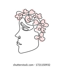 The continuous line is the girl in the profile. Face in a minimalist style with pink flowers and spots. Vector illustration