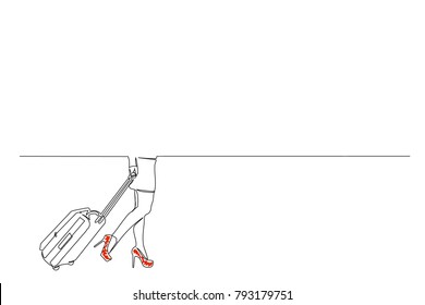 continuous line. a girl with a suitcase in a miniskirt in shoes with heels goes around the airport, bus station. Red shoes. View to the waist. Drawing by hand. copy space. business card, logo, icon