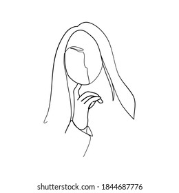Continua línea, chica pensando preocupada por una pregunta, preocupada y nerviosa con la mano en la barbilla. Dibujo de personas establecidas. (Dibujo de la ilustración del vector con un plano de línea)