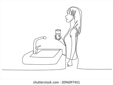 
Continuous Line Of A Girl Using Mouth Wash On A White Background