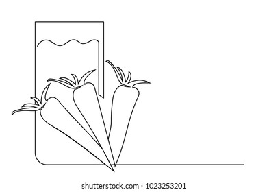 continuous line glass with carrot juice useful for health, vitamins. Cafe Restaurant. Drawing a black thin line on a white background.