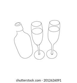 continuous line glass goblets and a bottle of wine, two champagne glasses