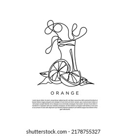 continuous line of glass of juice and fresh citrus fruit. orange juice line art vector