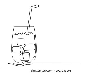 continuous line a glass of water with ice, a cold drink with a straw for drinking. Drawing a black thin line on a white background.