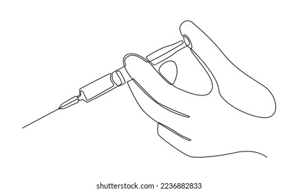 continuous line of gloved hand holding syringe