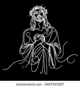 continuous line of god jesus christ. signs of coming of lord jesus christ opening hands on hill. lord jesus giving help. single line vector