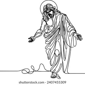continuous line of god jesus christ. signs of coming of lord jesus christ opening hands on hill. lord jesus giving help. single line vector