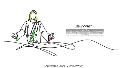 continuous line of god jesus christ.signs of coming of lord jesus christ opening hands on hill.lord jesus giving help.single line vector