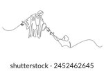 continuous line of God Jesus giving help.Sad people get Jesus' helping hand.Isolated white background