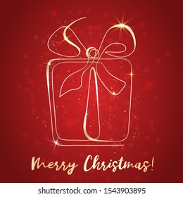 Continuous line golden gift box. Modern one line present symbol, abstract art, aesthetic contour. Minimalist design. Merry Christmas card, banner, brochure, background. Vector illustration