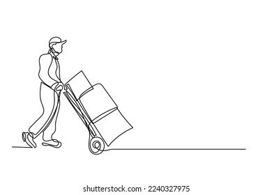 continuous line of goods delivery. one line drawing of workers delivering ordered goods.line art of people delivering goods