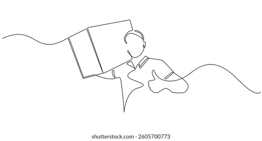 continuous line of goods delivery.vector one line of courier lifting cardboard box and giving thumbs up.single line vector illustration.isolated on white background