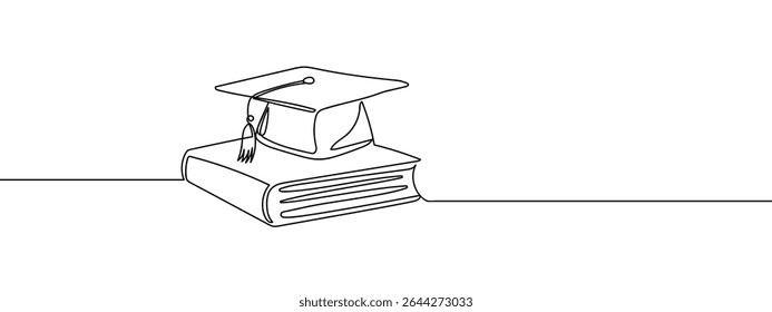 Continuous line, a graduate cap is placed on a book. Simple art lines on transparent background.