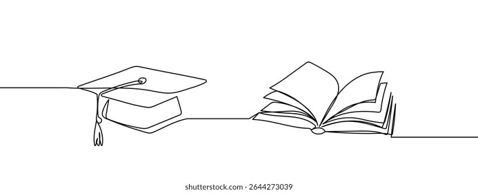 Continuous line, a graduate cap is placed on a book. Simple art lines on transparent background.