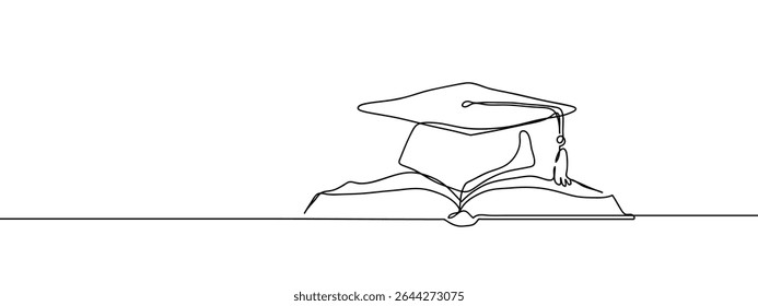 Continuous line, a graduate cap is placed on a book. Simple art lines on transparent background.